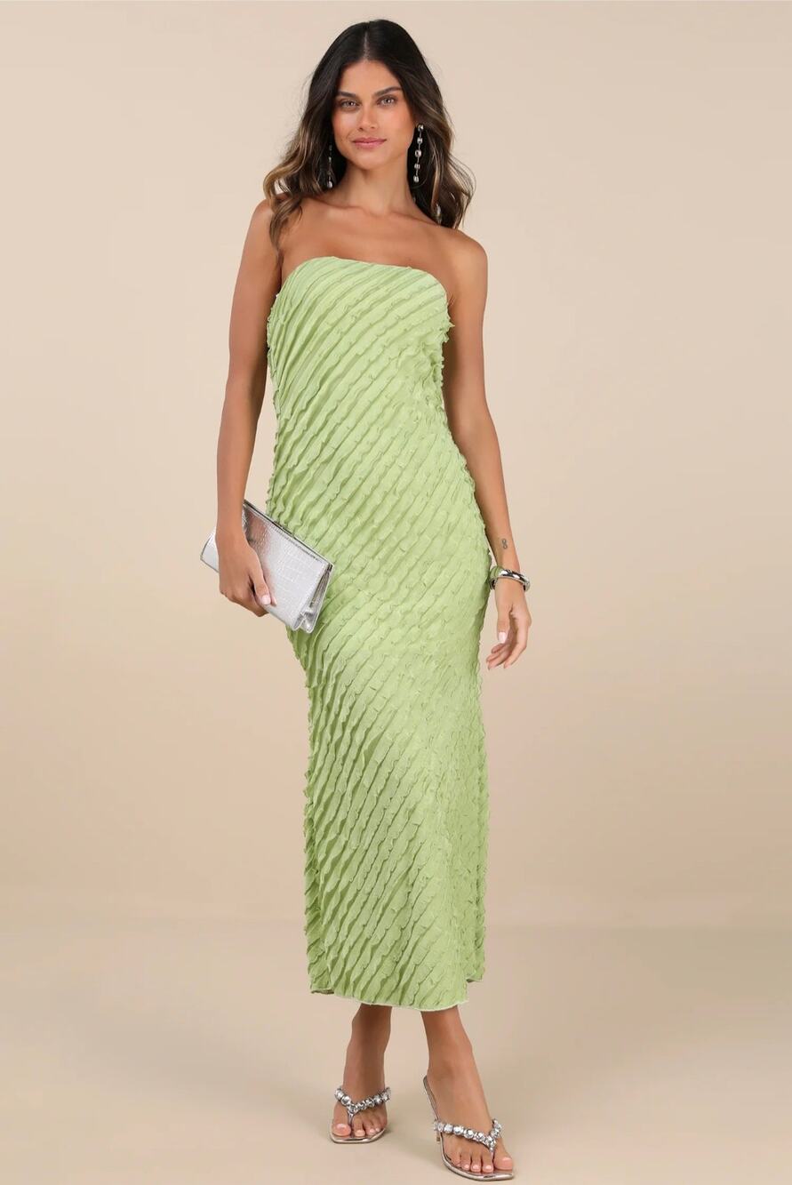 Lulus Faelyn Light Green Strapless Ruffled Midi Dress - Wedding Guest - Small